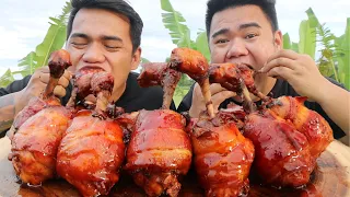 OUTDOOR COOKING | BACON WRAPPED DRUMSTICKS MUKBANG (HD)