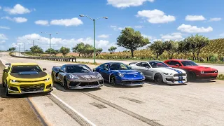 Forza Horizon 5 Drag race: ZL1 1LE vs Corvette C8 vs 911 Carrera S vs GT350R vs Challenger Hellcat