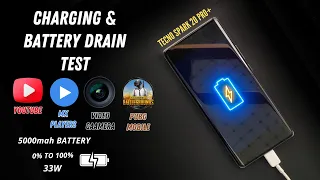 Tecno Spark 20 Pro+ Charging & Battery Drain Test | Pubg, YouTube, MX Player, Video Cam 5000mah| 33W