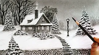 Winter season house landscape drawing easy ways // Winter nature scenery drawing easy steps //