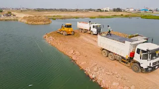 Nice Build New Road Connection, Operator Bulldozer SHANTUI  Push Stone, Dump Truck Unloading Stone