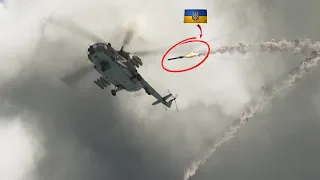 Ukrainian black anti-aircraft missiles go straight at Russian Mi-8 rocket-propelled helicopters.