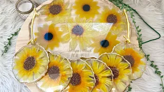 Beautiful Sunflower Resin Tray and Coaster Set