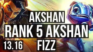 AKSHAN vs FIZZ (MID) | Rank 5 Akshan, 7 solo kills, 18/4/10, Godlike | KR Challenger | 13.16