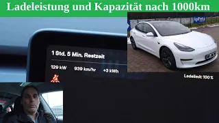 Kapazität und Ladeleistung nach 1000km von meinem Tesla Model 3 SR+ mit einem 60kWh LFP Akku