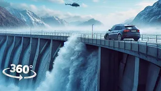 360° Dam Collapse Flood - Escape Small Tsunami in Car with Girlfriend VR 360 Video