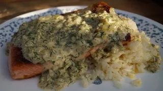 Pan Seared Salmon with Lemon Rice and Dill Cream Sauce