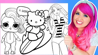 Coloring L.O.L. Surprise! Dolls, Barbie & Hello Kitty Surfing at the Beach Summer Coloring Pages