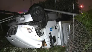 Miami-Dade truck flips out of Interstate 95 to Miami residential area