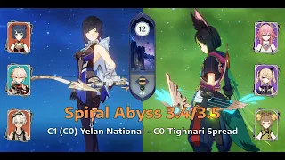 C1 (C0) Yelan National & C0 Tighnari Spread | Sprial Abyss 3.4/3.5 - 9 Stars | Genshin Impact
