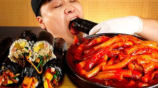 Flour tteokbokki, tuna kimbap, Korean food, spicy food, asmr