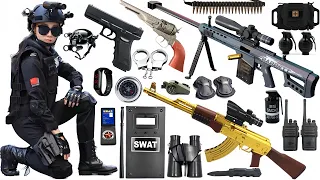 Special police weapon toy set unboxing,Barret ,AK47,cap gun, shield, Glock pistol, bomb, gas mask