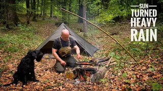 Solo Tarp Tent Bushcraft Overnight In Deep Forest - New Cooking System - Surprise Thunderstorm