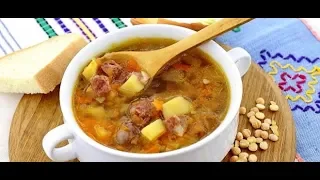 Pea soup with smoked ribs. Pea soup with smoked meats. Delicious homemade soup!