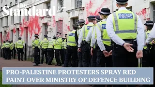 Pro Palestine protesters spray red paint over Ministry of Defence building