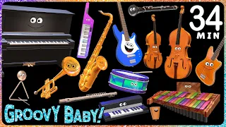 34 Minutes of Baby Sensory Music Videos! – Dancing Animated Instruments Play Five Styles of Music