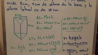 Área Total (AT), Área Lateral (AL), Volumen de un prisma triangular