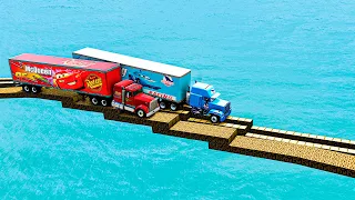Mack Truck vs King Dinoco Truck vs Impossible Wave and Minecraft Log Wave Bridge Vs Deep WaterBeamNG