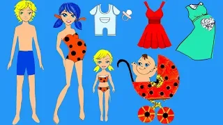 Paper dolls Ladybug & Cat Noir mother & daughter family dress up costumes dresses papercrafts