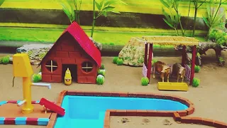 Farm Diorama with house cow, barn | mini hand pump supply water for Apple orchard