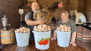 Traditional scrambled eggs for breakfast. Big Chief hit his head, Village life.