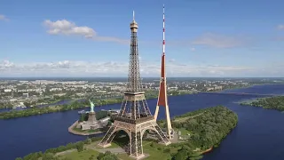 Statue of Liberty and Eiffel Tower next to Zaķusala TV tower in Riga, Latvia