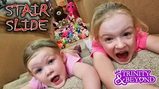 Ultimate Stair Slide Stuffed Animal Scavenger Hunt into HUGE Box Fort!!