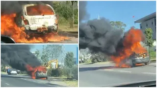 Merr flakë në ecje automjeti në autostradën Tiranë-Durrës, shkrumbohet nga flakët! Shikoni pamjet