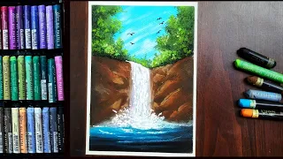 Tricks To Draw WATERFALL, LEAVES ( step by step) Tutorial - Oil Pastel Drawing