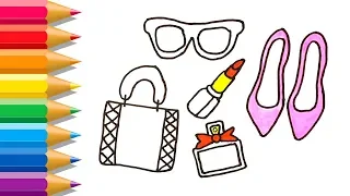 How to Draw Set of Female Accessories | Coloring Pages For Girls Shoes, Handbag, Perfume, Lipstick