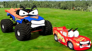 Angry SUPERMAN Monster Truck vs Lightning McQueen - SPİDER-MAN on McQueen's Side - BeamNG.Drive