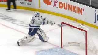 Louis Domingue breaks stick after getting beat by Brad Marchand