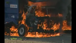 Garbage Truck Fire: Garbage truck explodes into flames on Highway 4 off-ramp