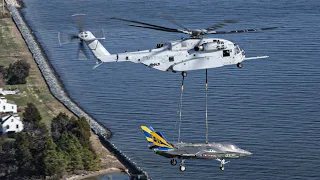 Marine’s new CH 53K helicopter transports F-35 airframe between test sites in Maryland