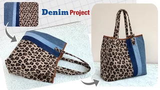 Easy to sew a tote bag tutorial, sewing diy a denim tote bag patterns , old jeans reuse ideas .