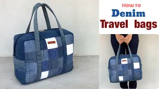 how to sew a travel bags tutorial, sewing diy a denim travel bags patterns, denim wandee projects.