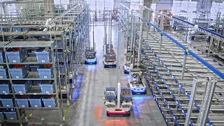 Major e-grocer uses robots to consolidate, buffer and dispatch orders in micro fulfillment center