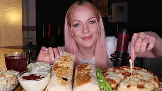 MUKBANG | Две шаурмы, лепешка с фаршем под сыром, салат | shawarma, tortilla with cheese не ASMR