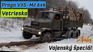 Firewood hauling on the legendary military special Praga V3S M2 6x6, Amles, Old truck,Forestwork