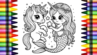 Coloring in unicorn and mermaid 🌈🦄🎨mermaid drawing and painting for kids and toddlers🖍🌈🧜‍♀️