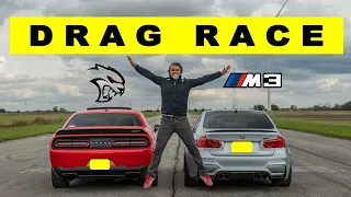 Tuned BMW F80 M3 vs Dodge Challenger Hellcat, the tables turn soon enough. Drag and Roll Race.