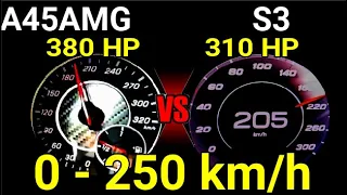 Mercedes a45 amg 380 vs  New Audi s3 310 hp DragRace sound 0-250 km/h