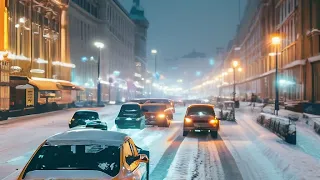 Driving a taxi car: the center of Moscow in winter, Snow-covered streets, traffic