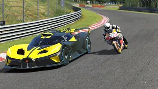 Honda RC213V MotoGP 2020 Marc Márquez vs Bugatti Bolide vs Koenigsegg Jesko Absolut at Nordschleife