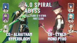 NEW ABYSS 4.0 - C0 Alhaitham Hyperbloom and C0 Lyney Mono Pyro - Ganshin Impact - Floor 12 9 Stars