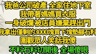 我爸公司破產 全家住地下室，我帶著媽媽買衣服，一身破爛 被店員嫌棄趕出門，我拿出僅剩的3000塊買下塊墊腳石料 圍觀眾人笑話我傻，不料石料切開後 全場傻眼