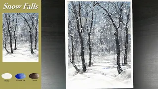 Only 3 Colors Landscape Watercolor - Snow Falls (color mixing view) NAMIL ART