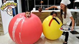 Real Food VS Gummy Food VS Warheads Candy! Stuck Inside Giant Balloons Challenge Gone Wrong