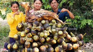 Cooking Yummy Curry Palm Fruit with Whole Goat Recipe Village Life Style - Eating and Sharing Foods