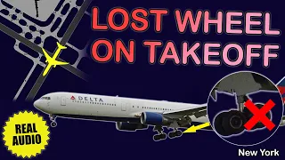 Delta Boeing 767 LOST THE WHEEL on takeoff from New York Kennedy Airport. Real ATC audio